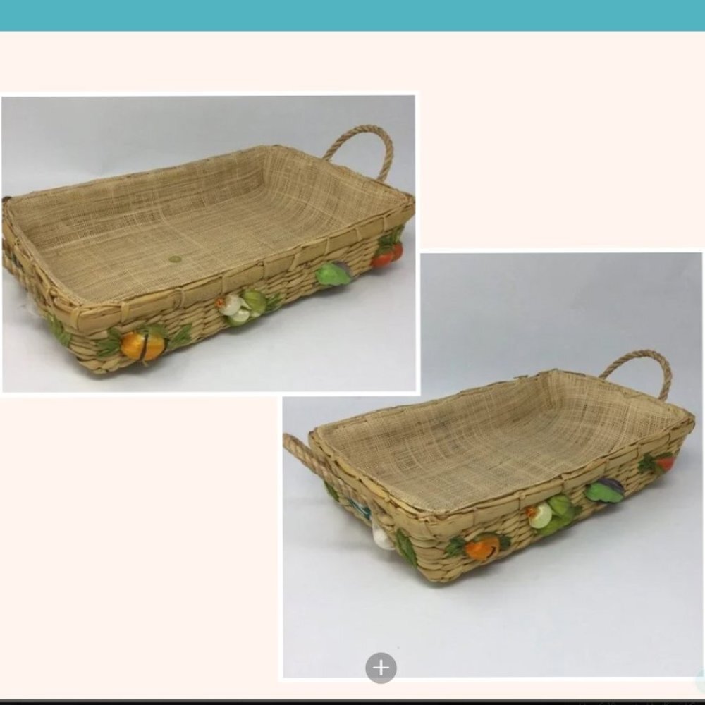 Vintage Straw Tray Decorative Fruit Baskets Set of 2 1960'S